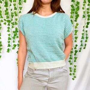 Blue and off white vintage 80s short sleeve knit top